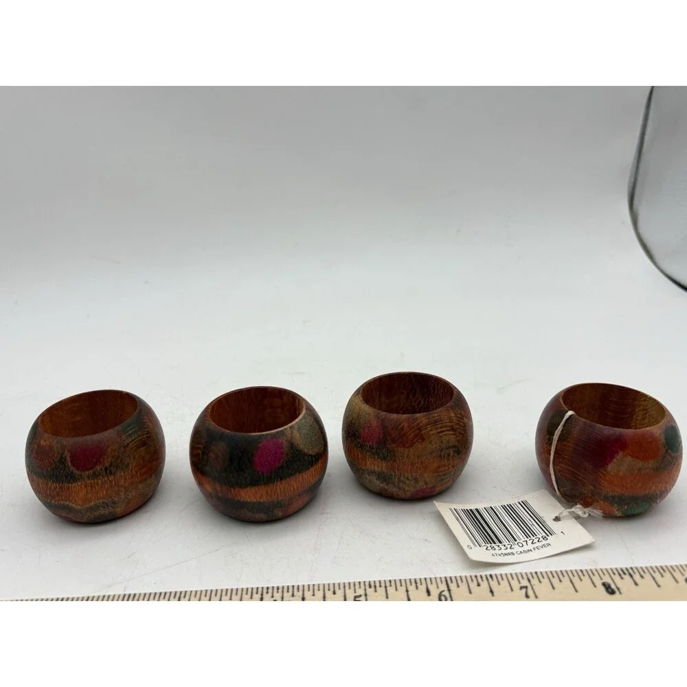 Cabin Fever Hand Painted Wood Napkin Rings Set of 4 Rustic Lodge Decor